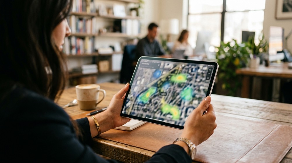 Tablette parsel haritası inceleyen danışman